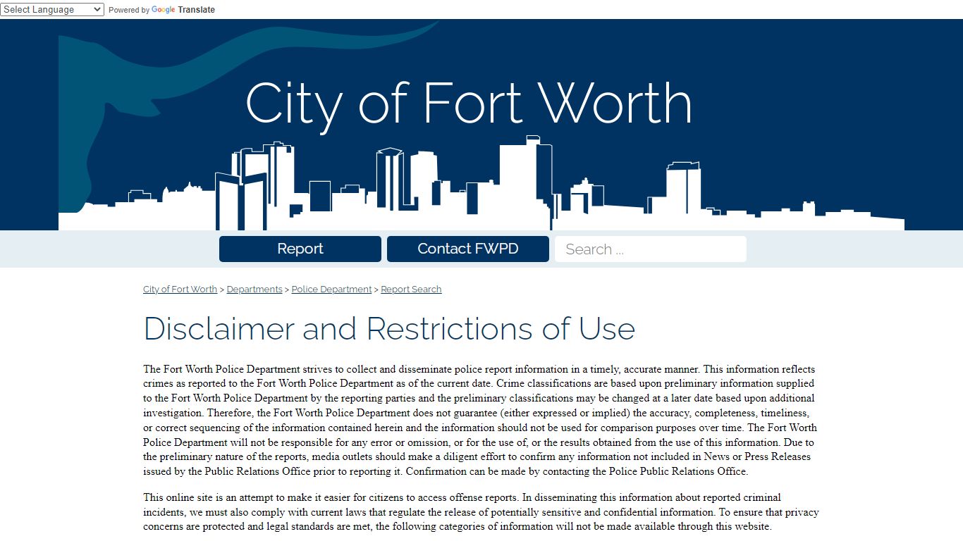 Disclaimer and Restrictions of Use - Fort Worth Police Department